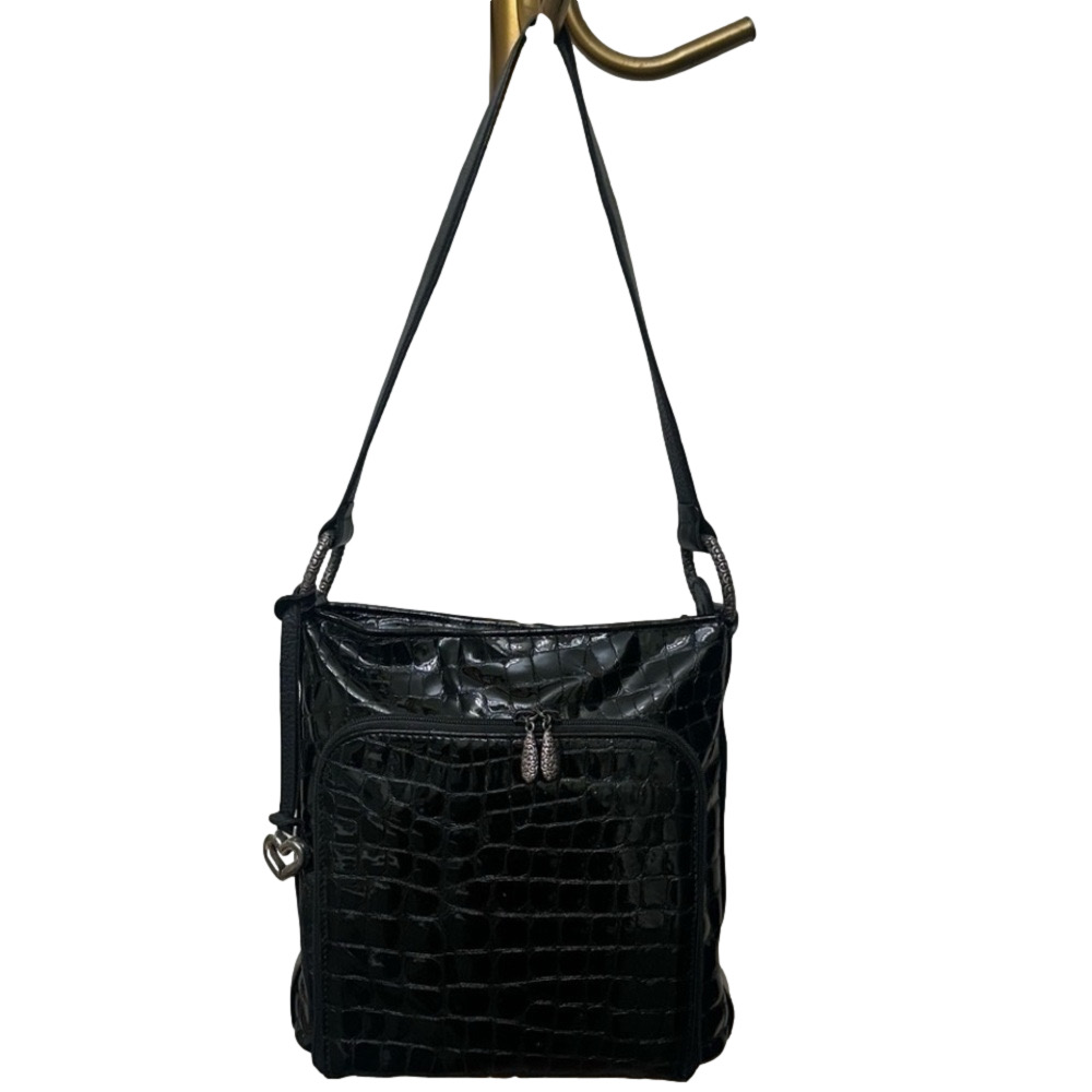 Brighton Black Croc Embossed Leather Crossbody Organizer Bag Green Interior